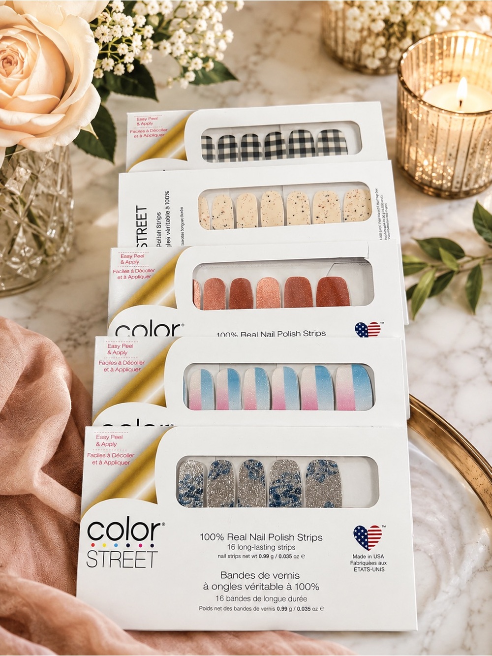 Color Street Nail Polish Strips - Black, Beige, Coral, Pink & Blue Glitter Mix